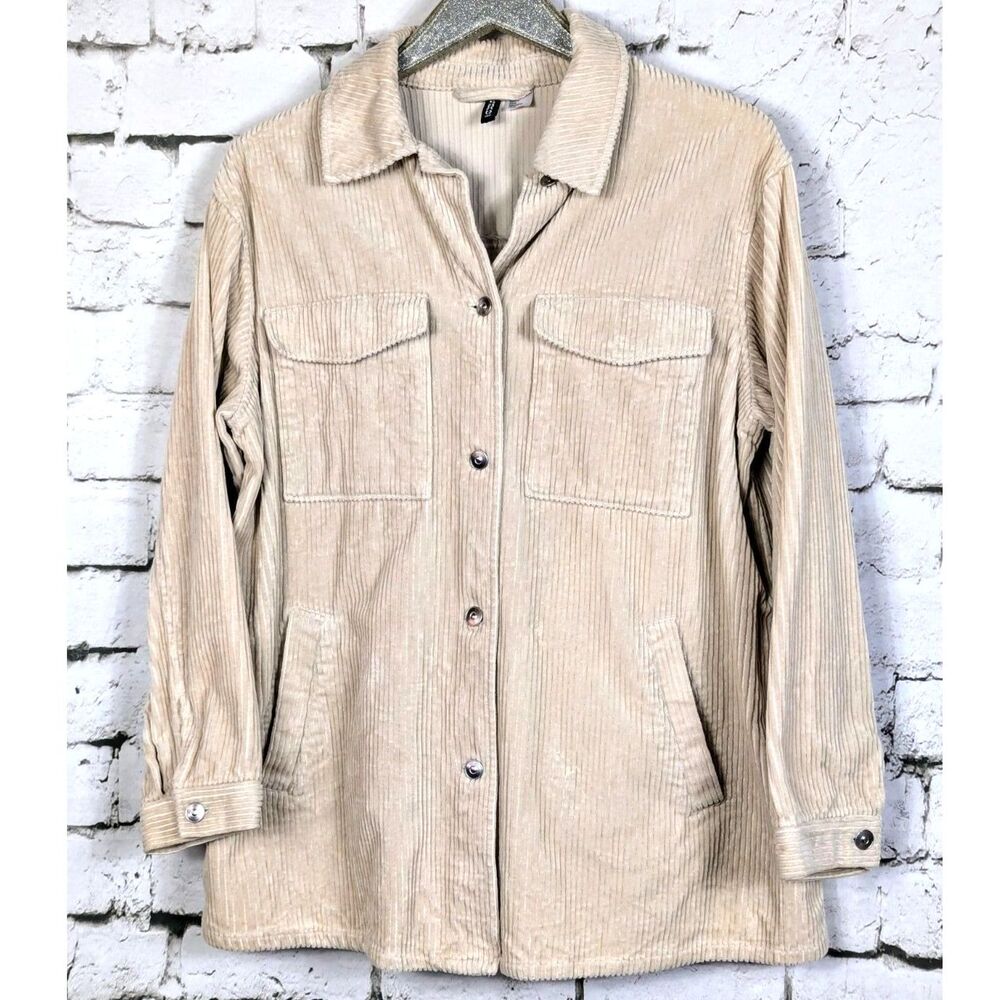 H&M Cream Corduroy Shacket Chore Coat Pockets Country Utility Western Medium